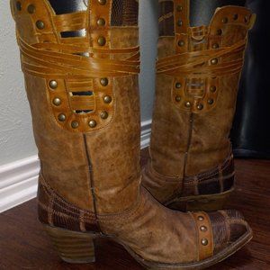Rare Corral Lizzard Patchwork Boots with Wrapped Tassels and Studs